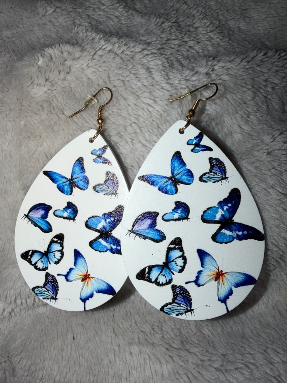 Blue Butterfly Teardrop Dangle Earrings - White Background
